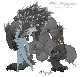 animal_genitalia animal_penis anthro balls big_balls big_sheath biped bite black_body black_fur black_sheath_slit bodily_fluids braided_hair canine_genitalia canine_penis claws crouching digitigrade dripping duo finger_claws fur genital_fluids genitals grey_body grey_fur hair huge_balls larger_male male male/male paws penis penis_tip precum precum_drip red_eyes red_penis scratches scratching sheath sheath_slit shoulder_bite size_difference smaller_male toe_claws zephyxus mythology angreydir canid canine mammal mythological_canine mythological_creature werecanid werecanine werecreature werewolf 2026 digital_media_(artwork)