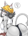 :3 anthro anthrofied bent_over big_breasts big_butt biped blush breasts butt camel_toe clothing cute_fangs female gloves grey_body grey_hair hair handwear kemono looking_back nipple_outline open_:3 panties pupils question_mark safety_helmet shirt side_boob simple_background slit_pupils solo speech_bubble tank_top topwear underwear white_background yellow_sclera kamen_no_hito kumamine safety_cat genba_neko domestic_cat felid feline felis mammal hi_res