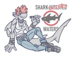 anthro belt bottomwear clothing collar ear_piercing ear_ring female fin footwear hair pants piercing ring_piercing sharp_teeth shirt shoes short_hair simple_background smile solo tank_top teeth topwear white_background hukeng fish marine shark 2020