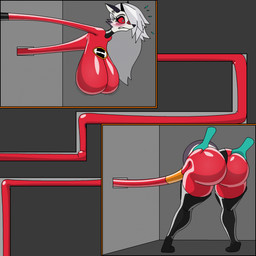 anthro bent_over big_breasts big_butt blush bodysuit breasts bubble_butt butt butt_grab clothing cosplay elasticity female hand_on_butt huge_breasts latex sagging_breasts skinsuit stuck through_wall tight_clothing themadastronaut disney hellaverse helluva_boss mythology pixar the_incredibles loona_(helluva_boss) canid canid_demon canine demon hellhound mammal mythological_canine mythological_creature 1:1 2025 hi_res