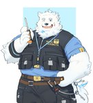 anthro blue_eyes clothing eyebrows fur key keyring lockpick looking_at_viewer male neck_tuft one_eye_closed overweight overweight_male smile solo thick_eyebrows topwear tuft vest white_body white_fur wink l0sskim lifewonders live_a_hero yohack canid canine canis domestic_dog mammal absurd_res hi_res