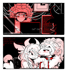 2_panel_comic anthro bodily_fluids border chair collar computer_screen drooling duo electronics fangs furniture hair headphones holding_leash holding_object horn hypnotic_screen leash looking_at_viewer necktie notched_ear office office_chair red_collar red_eyes red_text ringed_eyes saliva smile tail teeth text typing white_body white_border wire pawberry l-tech ambiguous_species bovid bovine cattle mammal comic english_text hi_res restricted_palette