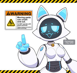 4_fingers :3 anthro anthrofied arm_tattoo bell bell_collar black_face blue_blush blue_eyes blue_fingers blue_inner_ear blue_mouth blue_nose blue_pawpads blush blush_lines breasts button_navel cheek_tuft club_arms collar dialogue facial_tuft featureless_breasts female fingers floating_fingers for_a_head gesture half-closed_eyes hand_gesture hazard_stripes logo machine medium_breasts narrowed_eyes open_:3 open_mouth pawpads pointing pointing_up power_button power_symbol robot_joints screen screen_face segmented_body simple_background solo speech_bubble tattoo text thick_thighs tuft warning_sign white_background white_body wide_hips razgrizdl do_not_fist_android_girls pudu_robotics ka-t bellabot domestic_cat felid feline felis mammal object_head robot robot_anthro screen_head 2025 artist_logo cel_shading english_text half-length_portrait hi_res portrait shaded