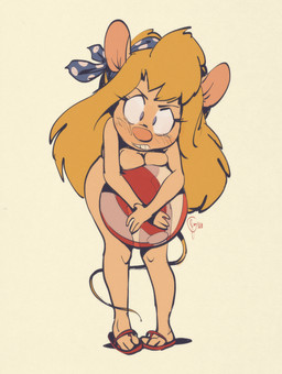 3_toes 4_fingers anthro ball beach_ball blonde_hair blue_eyes blush breast_squish breasts clothing covering covering_self embarrassed eyebrows eyelashes feet female fingers flip_flops footwear hair inflatable kerchief long_hair nude pink_nose sandals shoes simple_background solo squish toes white_background edtropolis chip_'n_dale_rescue_rangers disney gadget_hackwrench mammal mouse murid murine rodent 2021 absurd_res hi_res signature