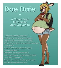 anthro backpack belly big_belly black_tail blonde_hair blue_bottomwear blue_clothing blue_shorts book border bottomwear brown_body brown_fur clothed clothing cloven_hooves denim denim_bottomwear denim_clothing denim_shorts digitigrade female fingers fur green_background green_clothing green_shirt green_topwear hair holding_book holding_object hooves hotpants huge_belly looking_at_viewer pregnant pregnant_anthro pregnant_female purple_eyes raised_clothing raised_shirt raised_topwear shirt shorts simple_background solo standing tail text topwear white_body white_border white_fur dansharkman mayternity dawn_(dansharkman) deer mammal 2026 digital_drawing_(artwork) digital_media_(artwork) english_description english_text hi_res