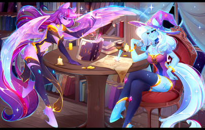 anthro black_bars book bookshelf bracelet candle chair clothed clothing dagger duo eyes_closed feathered_wings feathers female furniture gold_(metal) hair hat headgear headwear horn inside jewelry long_hair map melee_weapon multicolored_hair multicolored_tail purple_eyes sitting table tail weapon window wings wizard_hat koveliana friendship_is_magic hasbro my_little_pony mythology trixie_(mlp) twilight_sparkle_(mlp) equid equine mammal mythological_creature mythological_equine unicorn winged_unicorn 2020 absurd_res digital_media_(artwork) hi_res letterbox