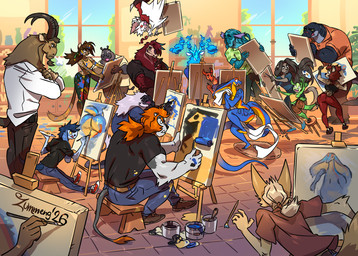 anthro art_studio black_body black_fur blue_body blue_scales brown_body brown_fur brush butt casual_nudity clothed clothing detailed_background easel female fur green_body green_fur group husband_and_wife inside male married_couple modelling muscular muscular_male nude paintbrush painting_(object) scales tentacles zummeng mythology alexander_(zummeng) basa_(zummeng) chili_(zummeng) christopher_(zummeng) darnell_(zummeng) leopold_(zummeng) luna_(zummeng) miralle nigel_(zummeng) nora_(zummeng) rah_jan_(zummeng) shani_(zummeng) tristan_(zummeng) vyra_(zummeng) zaphira_(zummeng) zet_(zummeng) aquatic canid canine cephalopod cobra coleoid common_hippopotamus deer deity demon dragon elvian felid fennec_fox fish fox hippopotamid hybrid hyena lagomorph leporid lion mammal mollusk mythological_creature mythological_scalie octopodiform pantherine prehistoric_species rabbit reptile saber-toothed_tiger scalie shark snake true_fox 2026 hi_res signature