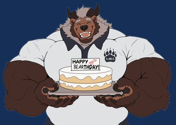 anthro arm_tuft barazoku bear_ears beard biceps big_hands big_muscles birthday birthday_cake black_nose broad_shoulders brown_body brown_fur cake claws clothed clothing collared_shirt dessert eyebrows eyes_closed facial_hair fangs fingers food footprint front_view fur grey_mane happy happy_birthday heart_symbol holding_cake holding_food holding_object horn huge_muscles male mane muscular muscular_anthro muscular_male pawprint polo_shirt shirt simple_background smile snout solo standing teeth text topwear tuft xyandrith mythology xan_the_chimera bear chimera dragon felid hybrid lion mammal mythological_creature mythological_scalie pantherine scalie absurd_res alpha_channel half-length_portrait hi_res portrait