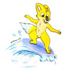 1:1 absurd_res anthro bent_legs bodily_fluids canid canine canis domestic_dog hi_res male mammal solo sport spread_legs spreading surf surfboard surfing water yordraw