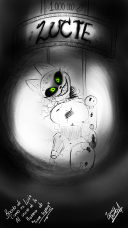 anthro black_eyes damaged exposed_endoskeleton female green_pupils light machine pupils sharp_teeth solo teeth text thigh_gap whiskers wire lunnybunny19 lucie_(lunnybunny19) animatronic felid feline mammal robot 9:16 hi_res lighting spanish_text translated