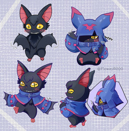 anthro black_body black_fur blush cloak clothing cowl embarrassed fur male pupils sharp_teeth smile solo teeth unusual_pupils wings floweyr000 bandai_namco digimon digimon_beatbreak chiropmon digimon_(species) hi_res