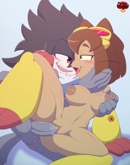 anthro areola blush bodily_fluids breast_grab breasts brown_body brown_hair clitoris duo erection eye_contact eyewear eyewear_on_head female female_penetrated from_behind_position fur genital_fluids genitals goggles goggles_on_head hair half-closed_eyes hand_on_breast looking_at_another lying male male/female male_penetrating male_penetrating_female narrowed_eyes nipples nude on_side open_mouth penetration penile penile_penetration penis penis_in_vagina sex simple_background smile spread_legs spreading tail teeth vaginal vaginal_penetration vulva ladycherrybomba gameoverse glitch_productions sega sonic_the_hedgehog_(series) fan_character kit_bodega domestic_cat felid feline felis mammal digital_media_(artwork) hi_res