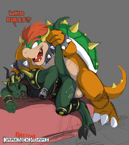 2_horns amputee anal anal_penetration anthro anthro_on_anthro balls bodily_fluids bracelet claws collar cum cum_in_ass cum_inside dialogue disability dominant dominant_male duo fangs genital_fluids genitals green_body green_scales hair horn interrobang interspecies jewelry larger_dom larger_male male male/male male_penetrated male_penetrating male_penetrating_male muscular non-mammal_balls nude open_mouth orgasm penetration scales sex shell simple_background size_difference slightly_chubby smaller_male spiked_bracelet spiked_collar spiked_shell spikes spikes_(anatomy) submissive submissive_male tail teeth text yellow_body yellow_scales dark_nek0gami mario_bros nintendo star_fox bowser general_scales dinosaur koopa prehistoric_species reptile saurischian scalie sharpclaw_(star_fox) theropod crossover english_text