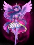 2018 anthro anthrofied armwear blush breasts cleavage clothed clothing crown draltruist dress elbow_gloves equid equine female friendship_is_magic gloves handwear hasbro headgear horn jewelry mammal my_little_pony mythological_creature mythological_equine mythology necklace purple_theme solo sparkles text tiara torn_clothing transformation twilight_sparkle_(mlp) url winged_unicorn wings