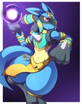 ambiguous_gender anthro blue_body blue_fur clothing fur holowear_(pokemon) red_eyes solo kemojin nintendo pokemon pokemon_unite ruins_style_lucario canid canine generation_4_pokemon lucario mammal pokemon_(species) hi_res