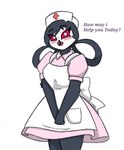 anthro avian beak bird blush clothing dialogue dress english_text female hair_loop helluva_boss hi_res nurse nurse_clothing nurse_uniform octavia_(helluva_boss) owl owl_demon pace-maker pink_clothing pink_dress pink_sclera solo text uniform white_eyes white_face