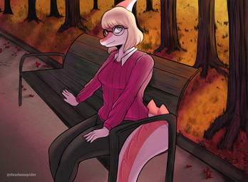 5_fingers anthro autumn bench blonde_hair bone_frill bottomwear breasts clothed clothing colored_nails eyewear female fingernails fingers frill_(anatomy) gesture glasses grass green_eyes hair hand_on_leg hand_on_thigh leaf long_tail looking_at_viewer nails orange_body outside pants park_bench pink_fingernails pink_nails plant sitting snout solo spiked_tail spikes spikes_(anatomy) sunset sweater tail topwear tree deadassspider goodbye_volcano_high ko_op_(game_developer) naomi_(gvh) dinosaur hadrosaurid ornithischian ornithopod parasaurolophus prehistoric_species reptile scalie hi_res