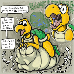 abdominal_bulge anthro belly big_belly burp_cloud burping crossbones duo fatal_vore green_shell hand_on_belly huge_belly hyper hyper_belly lying on_front open_mouth resting_on_belly rumbling_stomach scales shell short_tail simple_background soft_vore solo_focus tail text tongue uvula vore yellow_body yellow_scales arkailart mario_bros nintendo koopa koopa_troopa scalie 1:1 2025 absurd_res english_text hi_res signature watermark