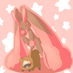 :3 ambiguous_gender anthro big_ears blush dominant dominant_ambiguous duo ear_pull eyes_closed kajiura nintendo pokemon bidoof generation_4_pokemon lagomorph lopunny mammal pokemon_(species) rodent shiny_pokemon 1:1 hi_res