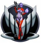 5_fingers amber_eyes big_breasts biotics breasts clothing feet female fingers genitals gun m7_lancer not_furry purple_body purple_skin pussy ranged_weapon rifle solo tight_clothing toes translucent translucent_clothing weapon catthouse_studios oni_(artist) bioware electronic_arts mass_effect alien alien_humanoid asari humanoid hi_res