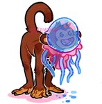 ambiguous_gender anthro brown_body brown_ears brown_fur brown_tail duo fangs fur head_tuft nude open_mouth open_smile simple_background smile spiral_eyes tail tan_inner_ear teeth tuft white_background 0ct0m0n0 cnidarian haplorhine jellyfish mammal marine medusozoan monkey primate