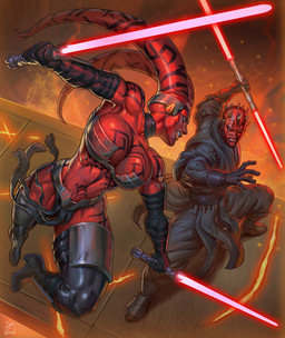 action_scene armor armwear bandeau big_breasts boots bottomwear breasts cleavage clenched_teeth clothed clothing dual_wielding duo elbow_gloves eyebrows eyelashes female footwear gloves handwear high_heeled_boots high_heels holding_lightsaber holding_object holding_weapon horn legwear lekku_(anatomy) lightsaber loincloth male melee_weapon navel not_furry red_body red_lightsaber red_skin saberstaff shoes tattoo teeth thigh_boots thigh_highs topwear weapon yellow_eyes xeviousg star_wars darth_maul darth_talon alien alien_humanoid humanoid twi'lek zabrak 2026 hi_res