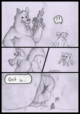 anthro anus big_butt bodily_fluids butt command dialogue duo extreme_size_difference fluffy fluffy_tail fur heart_symbol huge_butt imminent_anal_vore imminent_vore looking_at_viewer looking_back low-angle_view male male/male presenting presenting_anus presenting_hindquarters puffy_anus rear_view red_eyes shrink_ray shrinking size_difference size_transformation smile speech_bubble sweat sweatdrop sweaty_anus sweaty_butt tail text transformation sillywerwolf mythology silly_werewolf canid canine canis mammal mythological_canine mythological_creature werecanid werecanine werecreature werewolf wolf comic hi_res