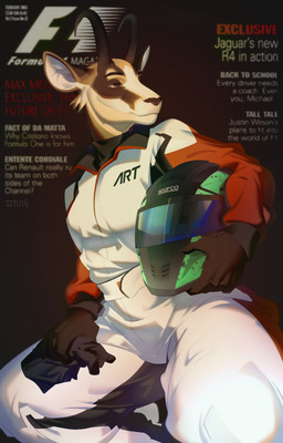 anthro armor black_clothing black_gloves black_handwear clothing detailed_shading female fictional_magazine_cover gloves green_helmet half-closed_eyes handwear headgear helmet holding_armor holding_headgear holding_helmet holding_object horn jacket looking_away lotus_pose narrowed_eyes orange_clothing orange_jacket orange_topwear pointy_ears racer racing_helmet racing_suit racing_uniform smug_expression solo suit text three-quarter_view topwear white_clothing white_suit itangpng formula_1 sparco antelope bovid gazelle mammal absurd_res colored cover digital_media_(artwork) english_text hi_res magazine_cover portrait signature