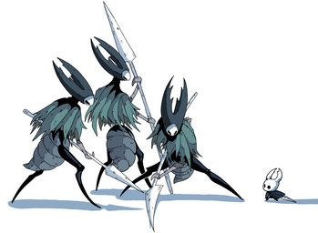 2_horns ambiguous_gender anthro arthropod_abdomen black_body black_eyes cloak clothing fighting_pose group holding_melee_weapon holding_object holding_weapon horn looking_at_another melee_weapon nail_(weapon) pose shadow simple_background weapon white_background white_head osakana2gou hollow_knight team_cherry mantis_lord_(hollow_knight) the_knight_(hollow_knight) arthropod vessel_(species)