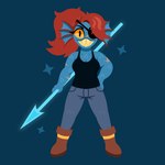 blue_body blue_scales boots bottomwear clothing denim denim_bottomwear denim_clothing eye_patch eyewear female fin footwear hair head_fin jeans melee_weapon pants polearm ponytail red_hair scales scar sharp_teeth shirt shoes smile solo spear tank_top teeth topwear weapon yellow_sclera naycelium undertale_(series) undyne animal_humanoid fish fish_humanoid humanoid marine marine_humanoid 1:1 hi_res