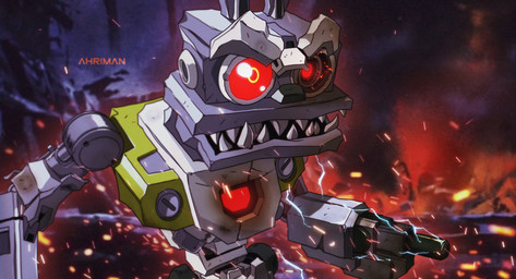 ambiguous_gender anthro biped damaged electricity fire gun_arm machine red_eyes solo teeth weapon_arm ahriman_(artist) soyuzmultfilm well_just_you_wait! robot_hare_(nu_pogodi) hare lagomorph leporid mammal robot 2021 hi_res