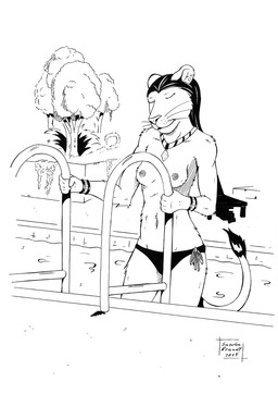 anthro breasts clothed clothing female ink jewelry necklace nipples nude small_breasts solo topless wet whiskers lionclaw1 domestic_cat felid feline felis lion mammal pantherine hi_res line_art monochrome traditional_media_(artwork)