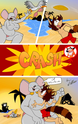 anthro beach beady_eyes big_breasts blush bodily_fluids breasts clothed clothing covering covering_breasts duo embarrassed female flirting_look huge_breasts male male/female nipples seductive slightly_chubby slightly_chubby_female sweat text topless topless_female wardrobe_malfunction chunkiroll_(artist) darkraccoon2000 loona_(chunkiroll) elephant elephantid mammal proboscidean english_text hi_res