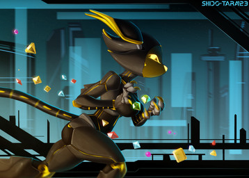anthro black_body city city_background cyberpunk female gem glowing glowing_eyes machine running science_fiction solo tail thief yellow_body yellow_eyes conditional_dnp shido-tara android domestic_cat felid feline felis mammal robot hi_res