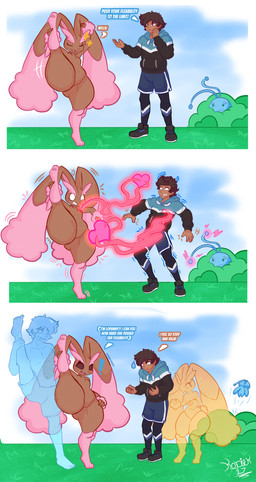 anthro body_swap brown_body brown_fur dialogue duo female fur grass heart_swap male pink_body pink_fur plant shrub stretching text korick17 nintendo pokemon axel_(poke789) generation_4_pokemon human legendary_pokemon lopunny mammal manaphy pokemon_(species) shiny_pokemon absurd_res comic english_text hi_res