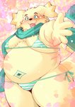 anthro belly bikini blush bulge clothed clothing crossdressing male moobs navel overweight overweight_anthro overweight_male solo swimwear two-piece_swimsuit tomoyamaru lifewonders tokyo_afterschool_summoners cu_sith_(tas) bird_dog canid canine canis domestic_dog golden_retriever hunting_dog mammal retriever