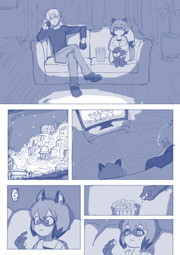 anthro clothed clothing duo electronics female fluffy fluffy_tail food fur gloves hair handwear male popcorn sitting tail television ochika_yorumo brand_new_animal studio_trigger michiru_kagemori shirou_ogami canid canine human mammal raccoon_dog tanuki absurd_res comic greyscale hi_res monochrome