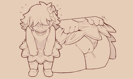 accessory aged_down blush bottomwear bow_ribbon clothed clothing clothing_aside clothing_lift dress female footwear freckles genitals hair hair_accessory hair_bow hair_ribbon loli panties panties_aside presenting presenting_vulva ribbons shirt shirt_lift shoes simple_background skirt solo topwear underwear underwear_aside vulva young young_female young_focus cold-blooded-twilight deltarune undertale_(series) susie_(deltarune) monster scalie 5:3 monochrome