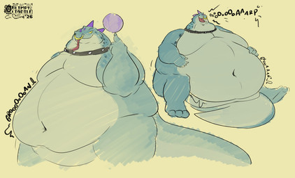 anthro ball ball_on_finger belly big_belly biped burping chubby_cheeks claws collar collar_only facial_piercing facial_spikes green_body green_scales hand_on_belly head_spikes logo love_handles male moobs morbidly_obese morbidly_obese_anthro morbidly_obese_male multiple_poses navel non-mammal_navel nose_piercing nose_ring nude obese obese_anthro obese_male open_mouth open_smile overweight overweight_anthro overweight_male piercing pink_spikes pose ring_piercing rumbling_stomach scales septum_piercing septum_ring sitting smile smirk solo sound_effects spikes spikes_(anatomy) standing studded_collar studs tail text thick_tail thick_thighs tongue tongue_out wide_hips baelnesh goat_(movie) modo_olachenko komodo_dragon lizard monitor_lizard reptile scalie 2026 artist_logo dated hi_res