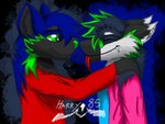 2021 4:3 anthro black_body black_fur black_nose blue_body blue_fur canid canine canis claws clothing digital_drawing_(artwork) digital_media_(artwork) duo efren_(harry_85) fur glistening glistening_eyes harry_85 humanoid male male/male mammal multicolored_body multicolored_fur rikken romantic romantic_couple sergal shaded shirt signature simple_background smile topwear white_body white_fur wolf