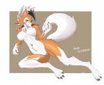 2017 anthro blush breasts canid canine claws dusk_lycanroc female fur generation_7_pokemon genitals green_eyes hi_res lycanroc mammal nintendo nipples nude orange_body orange_fur pokemon pokemon_(species) pussy simple_background solo white_body white_fur xan_(pixiv)