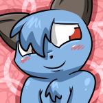1:1 abstract_background ambiguous_gender ambiguous_species anthro big_eyes black_ears black_nose blue_body blue_fur blush canid canine chest_tuft digital_media_(artwork) fur icon mammal pokehidden red_eyes smile solo toony tuft