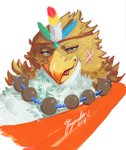 anthro beads beak blue_eyes brown_body brown_feathers facial_scar feathers male multicolored_body multicolored_feathers prayer_beads scar simple_background tongue tongue_out two_tone_body two_tone_feathers white_background white_body white_feathers fuyoudo624 lifewonders tokyo_afterschool_summoners gandharva_(tas) avian 2019 hi_res signature