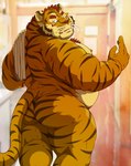 anthro belly blush butt kemono male moobs nipples overweight overweight_male solo towel towel_on_shoulder raichoclub felid mammal pantherine tiger 2023 hi_res