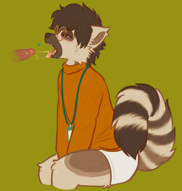 anthro bodily_fluids brown_body brown_fur clothing cum cum_in_mouth cum_inside cumshot disembodied_penis duo ejaculation erection eyewear femboy fur genital_fluids genitals glasses green_background human_on_anthro humanoid_genitalia humanoid_penis interspecies male male/male male_anthro male_human open_mouth penis simple_background sitting small_penis submissive submissive_anthro submissive_male sweater tan_body tan_fur tongue tongue_out topwear underwear wearing_glasses critterclinic dex_(critterclinic) human lemur mammal primate strepsirrhine 2026 hi_res
