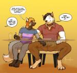 2015 anthro anthro_on_anthro balls_outline barefoot big_bulge black_hair blush bodily_fluids bottomwear bulge bulge_grab bull_terrier canid canine canis chrimson clothed clothing collar comic cutlery detailed_bulge dialogue digital_media_(artwork) domestic_dog duo english_text feet fondling fork fox fur genital_fluids genital_outline glass grey_body grey_fur hair hunting_dog kitchen_utensils male male/male mammal meesh multicolored_body multicolored_fur name_tag orange_hair pants peable penis_outline plate precum precum_through_clothing shirt simple_background sweat terrier text tools topwear two_tone_body two_tone_fur under_table wet wet_clothing white_body white_fur