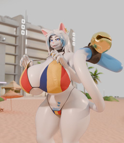anthro beach bell bell_collar bell_tail big_breasts bikini breasts clothing collar ear_piercing female glistening glistening_body glistening_breasts glistening_hair glistening_tail glistening_thighs hair looking_at_viewer piercing pube_peek pubes pulling_up_bra romanian_flag smile solo swimwear tail two-piece_swimsuit wide_hips fluffyglitch fluffy_(fluffyglitch) domestic_cat felid feline felis mammal hi_res