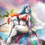 abs anklet anthro beach big_breasts bikini blue_hair breasts cleavage clothed clothing cloud cutie_mark detailed_background eyelashes feathered_wings feathers female green_hair hair hand_on_knee hand_on_leg horn jewelry lens_flare life_ring lifeguard lipstick looking_at_viewer makeup midriff multicolored_hair navel open_mouth open_smile outside palm_tree pink_hair plant purple_eyes purple_hair rock sea seaside sitting sky smile solo swim_ring swimwear text tree two-piece_swimsuit water wings conditional_dnp mdwines friendship_is_magic hasbro my_little_pony mythology princess_celestia_(mlp) equid equine mammal mythological_creature mythological_equine unicorn 1:1 2022 english_text hi_res