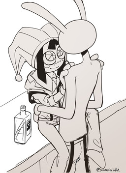 alcohol anthro aroused beverage blush clothed clothing duo female fool's_hat hands_around_waist hands_on_shoulders hat headgear headwear hug imminent_sex larger_male looking_at_another male male/female size_difference smaller_female topless topless_humanoid topless_male somnambulaart glitch_productions the_amazing_digital_circus jax_(tadc) pomni_(tadc) humanoid lagomorph leporid mammal rabbit hi_res signature