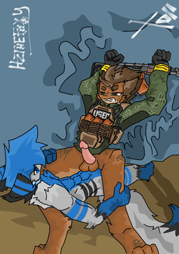 blue_hair bound brown_body bulletproof_vest clothing duo forced fur grey_body grey_fur hair male male/male military military_clothing military_jacket military_uniform rape sex soldier tactical_gear uniform warrior hz_foxy escape_from_tarkov mythology erkadurk hz_(hz_foxy) canid canine dragon fox hybrid mammal mythological_creature mythological_scalie reptile scalie snake hi_res